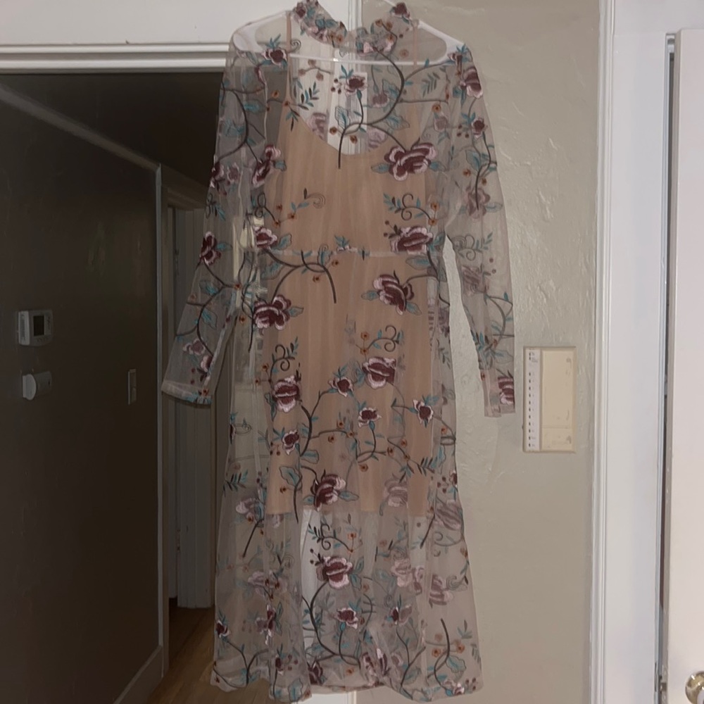 Brand new vici dolls wedding guest dress. Nude under slip with sheer long sleeve